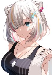 Rule 34 | 1girl, :o, animal ears, black nails, blonde hair, blue eyes, blue hair, breasts, cleavage, collarbone, commentary request, dog tags, hair over one eye, highres, hololive, kiki-yu, lion ears, lion girl, medium breasts, multicolored hair, nail polish, red hair, shishiro botan, shishiro botan (button-down), short hair, simple background, solo, sweat, towel, upper body, virtual youtuber, white background, white hair