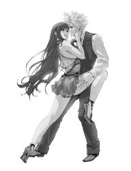 Rule 34 | 1boy, 1girl, ass, backless dress, backless outfit, bare legs, blue eyes, blush, cloud strife, dress, final fantasy, final fantasy vii, final fantasy vii remake, greyscale, hand on another&#039;s thigh, hetero, high heels, highres, long hair, monochrome, red eyes, spiked hair, spykeee, square enix, tifa lockhart, tifa lockhart (refined dress)