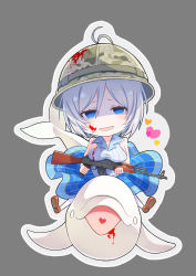Rule 34 | .live, 1girl, ak-47, assault rifle, blood, blood on face, blue eyes, blush, brat (brabrabrat00), breast rest, breasts, chibi, dolphin, gun, heart, highres, holding, holding gun, holding weapon, kalashnikov rifle, large breasts, looking at viewer, rifle, silver hair, dennou shoujo siro, smile, solo, thighhighs, virtual youtuber, weapon, white thighhighs