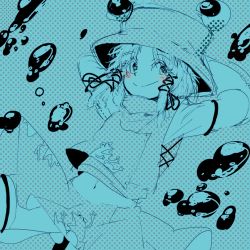Rule 34 | 1girl, arms behind head, arms up, blue theme, blush, bubble, dithering, female focus, hat, iroyopon, long sleeves, looking away, midriff, monochrome, moriya suwako, navel, polka dot, polka dot background, short hair, sidelocks, sketch, skirt, smile, solo, spot color, thighhighs, touhou