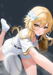 Rule 34 | 1girl, ayul (ayulneri 92), baseball, baseball glove, baseball jersey, baseball uniform, blonde hair, blush, breasts, cleavage, feather hair ornament, feathers, flower, genshin impact, hair flower, hair ornament, highres, jersey, large breasts, leaning forward, looking at viewer, lumine (genshin impact), medium hair, motion blur, open mouth, pitching, shirt, shoes, short sleeves, shorts, sidelocks, sneakers, solo, sportswear, thighs, throwing, white footwear, white shirt, white shorts, yellow eyes