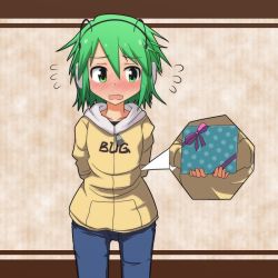 Rule 34 | 1girl, alternate costume, antennae, arms behind back, blush, box, cato (monocatienus), clothes writing, contemporary, denim, earmuffs, embarrassed, female focus, flying sweatdrops, full-face blush, gift, gift box, green eyes, green hair, hood, hooded jacket, jacket, jeans, matching hair/eyes, pants, ribbon, solo, touhou, valentine, wavy mouth, wriggle nightbug