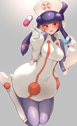 Rule 34 | 1girl, :d, absurdres, android, bodysuit, breasts, commentary request, dress, gloves, grey background, hand up, hat, high collar, highres, holding, index finger raised, knees together feet apart, looking at viewer, meddy.exe (mega man), medium breasts, mega man (series), mega man battle network, mega man battle network (series), mega man battle network 5, nurse, nurse cap, open mouth, orange-tinted eyewear, orange eyes, pill, purple bodysuit, shiny clothes, short dress, sleeveless, sleeveless dress, smile, solo, tinted eyewear, tylwing, visor, white dress, white gloves, white hat