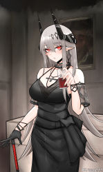 Rule 34 | 1girl, absurdres, arknights, black collar, black dress, black gloves, breasts, cleavage, collar, cowboy shot, cup, demon horns, dress, ear piercing, gloves, grey hair, hair between eyes, hair ornament, hand up, highres, holding, holding cup, horns, indoors, infection monitor (arknights), jewelry, large breasts, long hair, mudrock (arknights), mudrock (obsidian) (arknights), nail polish, necklace, official alternate costume, picture frame, piercing, pointy ears, red eyes, single glove, solo, twitter username, very long hair, wuwuwu (kriswu555)