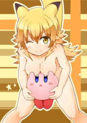 Rule 34 | 1girl, ;), animal ears, blonde hair, blue eyes, blue skirt, blush, breasts, covering privates, covering breasts, creature, gen 1 pokemon, kirby, kirby (series), komito, long hair, looking at viewer, medium breasts, nintendo, nipples, nude, one eye closed, personification, pikachu, pokemon, pokemon (creature), skirt, smile, super smash bros., tail, yellow eyes