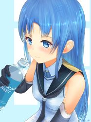 Rule 34 | 1girl, absurdres, bad id, bad pixiv id, black sailor collar, blue background, blue eyes, blue hair, blue theme, bottle, breasts, dangan kurabu, elbow gloves, forehead, from above, gloves, gradient hair, highres, holding, holding bottle, kantai collection, long hair, looking at viewer, multicolored hair, neckerchief, sailor collar, samidare (kancolle), school uniform, serafuku, shirt, sleeveless, sleeveless shirt, small breasts, solo, swept bangs, upper body, very long hair, water bottle, white serafuku