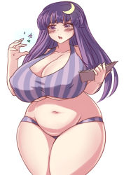 Rule 34 | 1girl, bad id, bad twitter id, blush, book, breasts, cleavage, colorfag, colorized, covered erect nipples, cowboy shot, crescent, crescent hair ornament, crop top, curvy, fat, hair ornament, huge breasts, jadf, long hair, navel, open book, open mouth, panties, patchouli knowledge, plump, purple eyes, purple hair, solo, striped clothes, striped panties, thick thighs, thighs, touhou, underboob, underwear, vertical stripes, wide hips