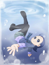 Rule 34 | 1girl, black pantyhose, blue eyes, blue hair, child, female focus, full body, gradient background, kagiana, pantyhose under shorts, matching hair/eyes, ojamajo doremi, outstretched hand, pantyhose, scarf, senoo aiko, short hair, shorts, solo, underwater, winter clothes