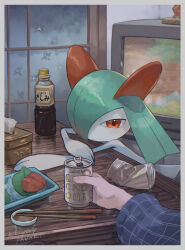 Rule 34 | 1other, border, bottle, can, chopsticks, closed mouth, commentary request, creatures (company), food, game freak, gen 3 pokemon, grey border, highres, holding, holding can, indoors, kikuyoshi (tracco), kirlia, leaning forward, nintendo, pokemon, pokemon (creature), red eyes, signature, table, television, tissue, tissue box