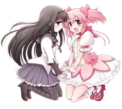 10s akemi_homura akemi_homura_(magical_girl) bad_id bad_pixiv_id black_eyes black_hair gloves hiroichi kaname_madoka kaname_madoka_(magical_girl) kneeling long_hair mahou_shoujo_madoka_magica mahou_shoujo_madoka_magica_(anime) pantyhose pink_eyes pink_hair short_hair twintails