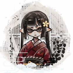 Rule 34 | 1girl, black eyes, black hair, black sash, bright pupils, highres, inkling, inkling girl, inkling player character, japanese clothes, kimono, nintendo, obi, parted lips, pointy ears, red kimono, sash, short eyebrows, solo, splatoon (series), straight hair, tentacle hair, thenintlichen96, upper body, white pupils