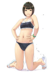 Rule 34 | 1girl, bikini, black bikini, black hair, blunt bangs, bob cut, breasts, brown eyes, carina (xiaowoo), flip-flops, full body, hands on own hips, highres, kneeling, knees together feet apart, looking at viewer, navel, no socks, original, sandals, short hair, skindentation, small breasts, solo, sports bikini, swimsuit, thigh gap, toes, wet, wet clothes, wet swimsuit, white background