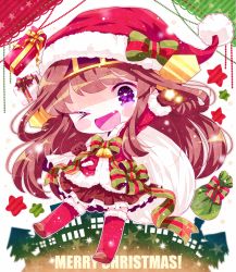 Rule 34 | &gt; o, 1girl, ;d, arm up, bad id, bad pixiv id, black gloves, blush stickers, boots, bow, bowtie, box, brown hair, chibi, christmas, christmas tree, coat, fang, full body, fur-trimmed boots, fur-trimmed coat, fur trim, gift, gift bag, gift box, gloves, green bow, green ribbon, hairband, haru431, hat, hat bow, heart, heart in eye, holding, holding sack, kantai collection, kongou (kancolle), long hair, looking at viewer, merry christmas, neck bell, neck ribbon, one eye closed, open mouth, over shoulder, purple eyes, red bow, red coat, red footwear, red hat, red ribbon, red skirt, ribbon, sack, santa costume, santa hat, skirt, smile, solo, sparkling eyes, star (symbol), striped bow, striped bowtie, striped clothes, striped ribbon, symbol in eye