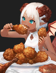 Rule 34 | 1girl, aqua eyes, bare arms, bare shoulders, black background, blue eyes, brown wings, collarbone, commentary request, curled horns, dark-skinned female, dark skin, demon girl, demon horns, demon wings, eating, food, food on face, fried chicken, highres, holding, holding food, horns, meat, nail polish, nima (niru54), original, plate, pointy ears, shirt, short hair, signature, sleeveless, sleeveless shirt, steak, thick eyebrows, white hair, white nails, white shirt, wings