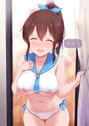 Rule 34 | ..., 1girl, :d, areola slip, bikini, blue sailor collar, blush, breasts, brown hair, cai geng, cameltoe, cleavage, closed mouth, collarbone, commentary request, curtains, hair between eyes, hair ribbon, highres, idolmaster, idolmaster million live!, large breasts, mirror, navel, open mouth, ponytail, reflection, ribbon, sailor bikini, sailor collar, sailor swimsuit (idolmaster), satake minako, sidelocks, smile, solo, spoken ellipsis, standing, stomach, swimsuit, underboob, white bikini, wooden floor