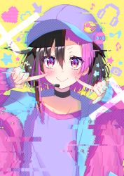 Rule 34 | 1girl, baseball cap, black choker, black hair, blush, c:, choker, commentary request, earrings, glitch, hair between eyes, hands up, hat, heart, highres, jacket, jewelry, lapels, long sleeves, looking at viewer, multicolored hair, musical note, open clothes, open jacket, original, pill, purple eyes, purple hair, purple hat, purple jacket, purple shirt, shirt, short hair, smile, solo, star (symbol), two-tone hair, upper body, v-shaped eyebrows, yaki mayu