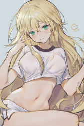 Rule 34 | 1girl, bad id, bad pixiv id, blonde hair, blush, breasts, character name, crop top, crop top overhang, dolphin shorts, fang, fang out, girls&#039; frontline, green eyes, grey background, hand up, hands up, head tilt, highres, large breasts, long hair, looking at viewer, micro shorts, midriff, myoushun, navel, s.a.t.8 (girls&#039; frontline), shirt, short sleeves, shorts, smile, solo, stomach, thighs, v, very long hair, white shirt, white shorts