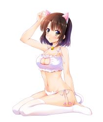 Rule 34 | 1girl, :o, alternate costume, animal ears, bell, blush, bra, breasts, brown eyes, brown hair, cat cutout, cat ear panties, cat ears, cat lingerie, cat tail, choker, cleavage, cleavage cutout, clothing cutout, eyebrows, fake animal ears, frills, full body, groin, highres, jingle bell, katou megumi, long hair, meme attire, navel, neck bell, no shoes, panties, parted lips, paw print, saenai heroine no sodatekata, short hair, side-tie panties, simple background, sitting, solo, stomach, tail, thighhighs, underwear, underwear only, wariza, white background, white panties, white thighhighs, yagami-all hail nanao
