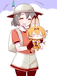 Rule 34 | &gt; &lt;, +++, 10s, 2girls, :3, > <, animal ears, backpack, bag, black gloves, bow, bowtie, bucket hat, chibi, closed eyes, comic, elbow gloves, gloves, gradient background, green hair, hat, hat feather, kaban (kemono friends), kemono friends, lifting person, multiple girls, open mouth, pantyhose, pantyhose under shorts, pink background, red shirt, sako (bosscoffee), serval (kemono friends), serval print, serval tail, shadow, shirt, short hair, short sleeves, shorts, skirt, sleeveless, sleeveless shirt, smile, standing, string, t-shirt, tail, thighhighs, translation request, white background, white shirt, x3