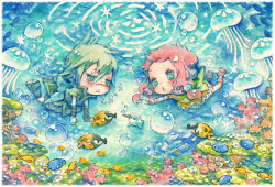 Rule 34 | 1boy, 1girl, :&lt;, blush, bubble, chibi, fish, harukage, jellyfish, o3o, original, painting (medium), traditional media, underwater, water, watercolor (medium)