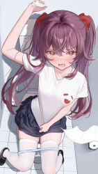 Rule 34 | 1girl, absurdres, blush, boo tao (genshin impact), breasts, brown hair, clothes pull, embarrassed, from above, genshin impact, ghost, hand up, highres, hu tao (genshin impact), looking at viewer, medium breasts, open mouth, red eyes, school uniform, shirt, shirt pull, short sleeves, skirt, star-shaped pupils, star (symbol), symbol-shaped pupils, thighhighs, toilet paper, toilet seat, toilet use, ttkaki, twintails, wavy eyes, white shirt, zettai ryouiki
