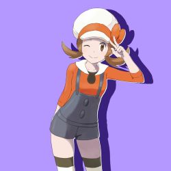 Rule 34 | 1girl, ;), a (pixiv 17870427), bow, brown eyes, brown hair, cabbie hat, cowboy shot, creatures (company), game freak, hat, hat bow, hat ribbon, looking at viewer, lyra (pokemon), nintendo, one eye closed, orange shirt, overall shorts, overalls, pokemon, pokemon hgss, purple background, red ribbon, ribbon, shirt, short twintails, simple background, smile, solo, standing, thighhighs, twintails, v, white hat, white thighhighs, zettai ryouiki