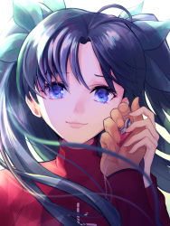 Rule 34 | 1boy, 1girl, ahoge, archer (fate), black hair, blue eyes, closed mouth, eye reflection, fate/stay night, fate (series), jewelry, kassan (kassan 5a), lips, long hair, looking at viewer, necklace, red shirt, reflection, shirt, simple background, smile, tohsaka rin, two side up, upper body, white background