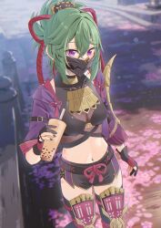 Rule 34 | 1girl, black shirt, black shorts, black thighhighs, bubble tea, cherry blossoms, commentary request, cowboy shot, crop top, cup, genshin impact, green hair, highres, holding, holding cup, jacket, kuki shinobu, long sleeves, looking at viewer, mask, midriff, mouth mask, navel, ninja, open clothes, open jacket, outdoors, petals, ponytail, purple eyes, purple jacket, shadow, shirt, short hair, short shorts, shorts, solo, standing, stomach, thighhighs, thighs, wataru (nextlevel)