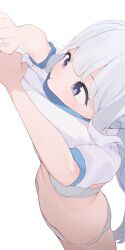 Rule 34 | 1girl, blue archive, bra, clothes lift, commentary, highres, hiroki (yyqw7151), lifting own clothes, long hair, miyako (blue archive), navel, panties, purple eyes, shirt, shirt lift, simple background, thighs, underwear, undressing, white background, white bra, white hair, white panties, white shirt