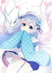 Rule 34 | 1girl, ame usari, apron, bad id, bad twitter id, blue eyes, blue flower, blue hair, blue kimono, blue skirt, blush, checkered clothes, checkered kimono, closed mouth, commentary request, floating hair, floral print, flower, frilled apron, frilled skirt, frills, gochuumon wa usagi desu ka?, hair flower, hair ornament, hands up, highres, japanese clothes, kafuu chino, kimono, long hair, long sleeves, maid, maid apron, maid headdress, own hands together, pleated skirt, print kimono, skirt, sleeves past fingers, sleeves past wrists, smile, solo, thighhighs, unmoving pattern, very long hair, wa maid, white apron, white background, white thighhighs, x hair ornament