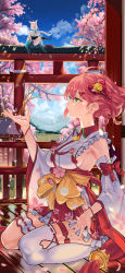 Rule 34 | 2girls, absurdres, ahoge, armpits, bell, bow, breasts, bridal garter, cherry blossom print, cherry blossoms, collared shirt, commentary request, day, detached sleeves, floral print, green eyes, hair bell, hair between eyes, hair bow, hair ornament, highres, hololive, jingle bell, long sleeves, looking away, medium breasts, multiple girls, parted lips, petals, pink hair, red bow, red skirt, sakura miko, sakura miko (1st costume), seiza, shirakami fubuki, shirt, short hair, shrine, sid, sideboob, single thighhigh, sitting, skirt, snarkhunt, thighhighs, thighs, torii, tree, virtual youtuber, white legwear, white shirt, wide sleeves, x hair ornament
