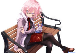 Rule 34 | 1girl, absurdres, artist request, black dress, crossed legs, dress, fate/grand order, fate (series), fou (fate), glasses, hair over one eye, highres, jacket, light purple hair, looking at viewer, mash kyrielight, necktie, pantyhose, purple eyes, purple hair, short hair, sitting, smile