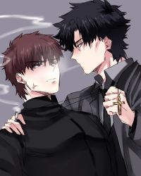 Rule 34 | 2boys, anger vein, bad id, bad pixiv id, blowing smoke, brown eyes, brown hair, cassock, cheekbones, cigarette, cross, cross necklace, emiya kiritsugu, facial hair, fate/stay night, fate/zero, fate (series), habit, holding, jewelry, kotomine kirei, lab coat, male focus, multiple boys, necklace, necktie, nerd (seouryong), priest, pulling another&#039;s clothes, simple background, smoke, smoke trail, smoking, standing, stubble, yaoi