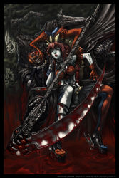 Rule 34 | 00s, 1girl, 2005, armor, asymmetrical clothes, belt, blood, boots, breastplate, chain, collar, crown, gloves, glowing, glowing eyes, green eyes, hand on own face, hat, high heels, highres, jester cap, lipstick, long hair, looking at viewer, makeup, monster, open mouth, original, pale skin, red hair, robe, scythe, shoes, shonensan, sitting, skull, tattoo, thighhighs, throne