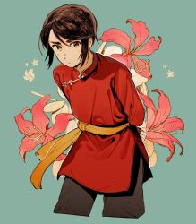 1boy aqua_background axis_powers_hetalia brown_eyes brown_hair changpao chinese_clothes cowboy_shot floral_background flower frog_button highres hong_kong_(hetalia) hong_kong_regional_flag lily_(flower) looking_at_viewer mandarin_collar nanimonothing oversized_flower pants red_flower short_hair solo