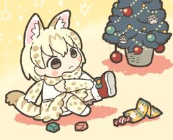 Rule 34 | 1girl, :&lt;, animal ears, blonde hair, blush, bow, bowtie, candy, chibi, christmas, christmas ornaments, christmas stocking, christmas tree, closed mouth, commentary request, elbow gloves, extra ears, food, full body, gloves, kemono friends, kemono friends 3, kuro shiro (kuro96siro46), print bow, print bowtie, print gloves, print skirt, putting on shoes, serval print, shirt, short hair, sitting, skirt, sleeveless, solo, tail, white serval (kemono friends)