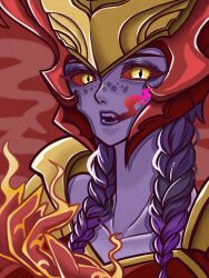 Rule 34 | 1girl, colored sclera, colored skin, dragon girl, glowing, glowing hand, highres, kawaguti kappa, league of legends, looking at viewer, open mouth, purple hair, purple skin, red background, red sclera, shyvana, simple background, solo, upper body, yellow eyes