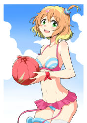 Rule 34 | 10s, 1girl, ball, bare arms, bare shoulders, bikini, bikini skirt, blue sky, breasts, cleavage, cloud, collarbone, commentary request, cowboy shot, day, freyja wion, green eyes, groin, hair ornament, heart, heart hair ornament, highres, holding, kyo9999, looking at viewer, macross, macross delta, medium breasts, multicolored bikini, multicolored clothes, multicolored hair, multicolored swimsuit, navel, open mouth, scrunchie, short hair, side ponytail, sky, solo, standing, swimsuit, teeth, thighs, two-tone background, two-tone hair, upper teeth only
