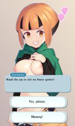 Rule 34 | 1girl, belt, black hair, blush, breasts, brown eyes, brown shorts, capelet, clothes lift, cowboy shot, creatures (company), english text, furrowed brow, game freak, gardenia (pokemon), gazing eye, green capelet, grin, gym leader, hand on own chest, hand up, heart, highres, lifting own clothes, long sleeves, looking at viewer, matching hair/eyes, medium breasts, midriff, multicolored hair, navel, nintendo, nipples, no bra, no panties, open belt, orange hair, pokemon, pokemon dppt, pokemon masters ex, shirt lift, short hair, shorts, simple background, smile, solo, stomach, two-tone hair, underboob, upper body, user interface