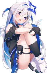 Rule 34 | 1girl, amane kanata, fragir, grey hair, hololive, long hair, looking at viewer, open mouth, purple eyes, simple background, smile, solo, wings