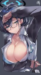 Rule 34 | 1girl, areola slip, black-framed eyewear, black hair, blue archive, blue eyes, blush, breasts, chihiro (blue archive), cleavage, closed mouth, glasses, halo, highres, jacket, large breasts, long sleeves, looking at viewer, midori (misuriru8), no bra, open clothes, open jacket, open shirt, semi-rimless eyewear, shirt, short hair, solo, steaming body, unbuttoned, under-rim eyewear, upper body, white jacket, white shirt