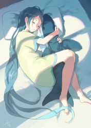 Rule 34 | 1girl, absurdres, bare legs, barefoot, bed, blue hair, closed eyes, commentary request, from above, highres, hug, hugging object, ikea shark, indoors, kantai collection, laminar flow, long hair, lying, on bed, on side, parted lips, pillow, pillow hug, samidare (kancolle), shark, shirt, short sleeves, sleeping, solo, stuffed animal, stuffed shark, stuffed toy, very long hair
