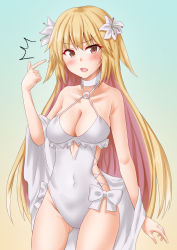 Rule 34 | 1girl, alternate costume, anti (untea9), blonde hair, breasts, brooklyn (kancolle), brown eyes, cleavage, cosplay, cowboy shot, cross-laced clothes, cross-laced one-piece swimsuit, duplicate, flower, gluteal fold, gradient background, hair flower, hair ornament, highres, kantai collection, large breasts, long hair, looking at viewer, one-piece swimsuit, open mouth, pixel-perfect duplicate, sagiri (kancolle), sagiri (kancolle) (cosplay), solo, swimsuit, very long hair