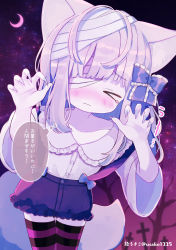 Rule 34 | &gt; &lt;, 1girl, absurdres, ame usako, bandaged head, bandages, bandages over eyes, bare tree, blue bow, blue nails, blue shorts, blush, bow, claw pose, closed eyes, closed mouth, collarbone, collared shirt, crescent moon, dress shirt, facing viewer, fingernails, frilled bow, frilled shirt collar, frilled shorts, frills, hair bow, halloween, hands up, heart, highres, long fingernails, moon, nail polish, original, sharp fingernails, shirt, short shorts, short sleeves, shorts, silver hair, skirt, solo, striped clothes, striped thighhighs, suspender skirt, suspenders, tears, thighhighs, translation request, tree, wavy mouth, white shirt, wide sleeves