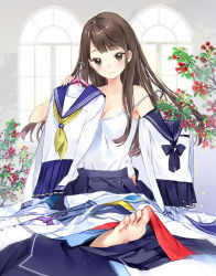 Rule 34 | 1girl, barefoot, blue skirt, blush, breasts, brown eyes, brown hair, camisole, cleavage, closed mouth, clothes hanger, collarbone, commentary request, feet, flower, head tilt, holding, long hair, long sleeves, looking at viewer, macciatto (aciel02), medium breasts, open clothes, open skirt, original, pleated skirt, red flower, school uniform, serafuku, shirt, unworn shirt, skirt, unworn skirt, smile, solo, very long hair, white camisole, white shirt, window