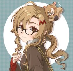 Rule 34 | 1girl, ahoge, black-framed eyewear, blue background, brown eyes, brown hair, brown jacket, character doll, circle, closed mouth, doll on head, from side, glasses, grey sweater, hair twirling, hand in own hair, hand up, highres, index finger raised, jacket, long hair, looking at viewer, low ponytail, melania (reverse:1999), ms. acey, panri, playing with own hair, portrait, reverse:1999, sidelocks, smile, solo, sweater, turtleneck, turtleneck sweater, two-tone background, white background