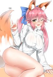 Rule 34 | 1girl, absurdres, animal ear fluff, animal ears, ass, blush, bottomless, breasts, calligraphy brush, calligraphy brush (medium), fang, fate (series), fox ears, fox shadow puppet, fox tail, graphite (medium), hair ribbon, highres, large breasts, long hair, looking at viewer, moyoron, one eye closed, open mouth, paintbrush, pink hair, ribbon, simple background, smile, solo, star (symbol), sweater, sweater vest, tail, tamamo (fate), tamamo no mae (fate/extra), traditional media, white background, white sweater