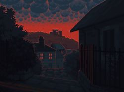 Rule 34 | building, chimney, commentary, door, english commentary, fence, no humans, original, outdoors, pixel art, red sky, rooftop, scenery, sky, tofupixel, twilight, window