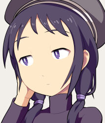 Rule 34 | 1girl, beret, black hair, black sweater, bright pupils, closed mouth, commentary request, expressionless, grey background, grey hat, hair over shoulder, hair tie, hand in own hair, hat, hospital king, long hair, looking to the side, low twintails, portrait, purple eyes, short bangs, simple background, solo, sweater, tamura yuri, turtleneck, turtleneck sweater, twintails, watashi ga motenai no wa dou kangaetemo omaera ga warui!, white pupils