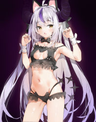 Rule 34 | 1girl, absurdres, animal ear fluff, animal ears, armpits, bare arms, black bow, black bra, black choker, black panties, blush, bow, bow choker, bra, breasts, cat cutout, cat ears, cat lingerie, choker, cleavage cutout, clothing cutout, cowboy shot, demon horns, fake animal ears, fang, hands up, highres, hololive, horns, la+ darknesss, long hair, looking at viewer, meme attire, multicolored hair, navel, open mouth, panties, pointy ears, purple background, purple hair, silver (chenwen), silver hair, small breasts, solo, standing, stomach, strap slip, streaked hair, underwear, very long hair, virtual youtuber, wrist cuffs, yellow eyes